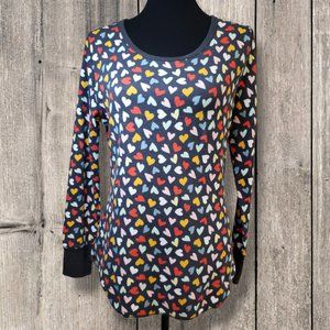 Old Navy Blue w/Multicolor Hearts Print Thermal Knit Round Hem Long Sleeve Tee